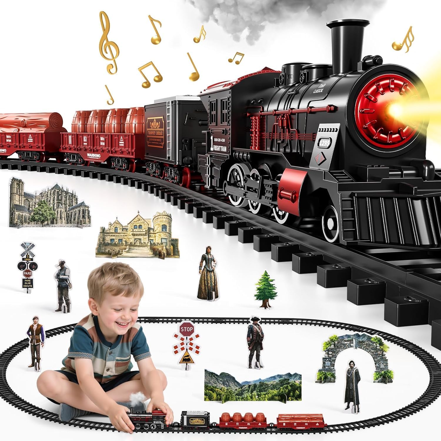 Classic Steam Train Set for Kids 3+ with Real Smoke, Light & Sound, Rechargeable Battery Operated Electric Railway Toy with 155CM Track & Cargo Cars, Gift for Boys & Girls-image-48