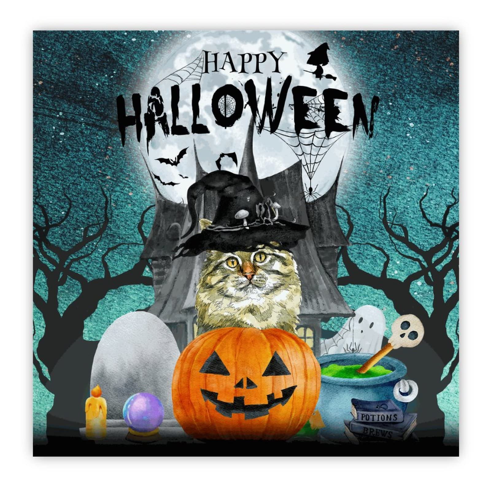 Panneau en bois Happy Halloween chat citrouille lune décor de maison hantée 30,5 cm