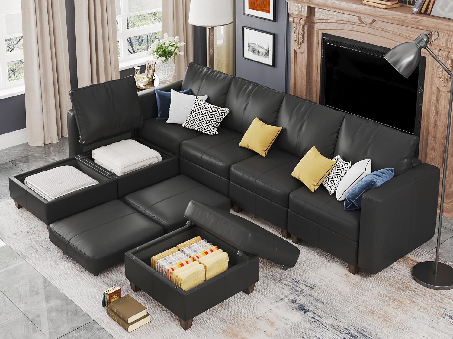 EASE MOOSE Leather Sectional L Shaped Sofa with Storage Ottomans, Modualr Couch Faux Leather Sofa, Black