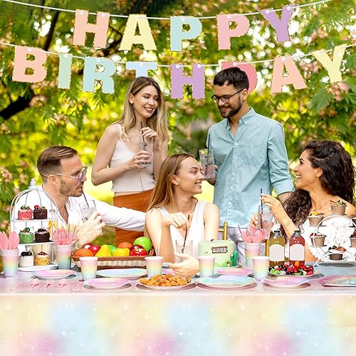 Miniatura 6 de Teling 172 piezas de decoraciones de cumpleaños de arcoíris, platos de arcoíris pastel, platos de cumpleaños y servilletas para 24, mantel de papel
