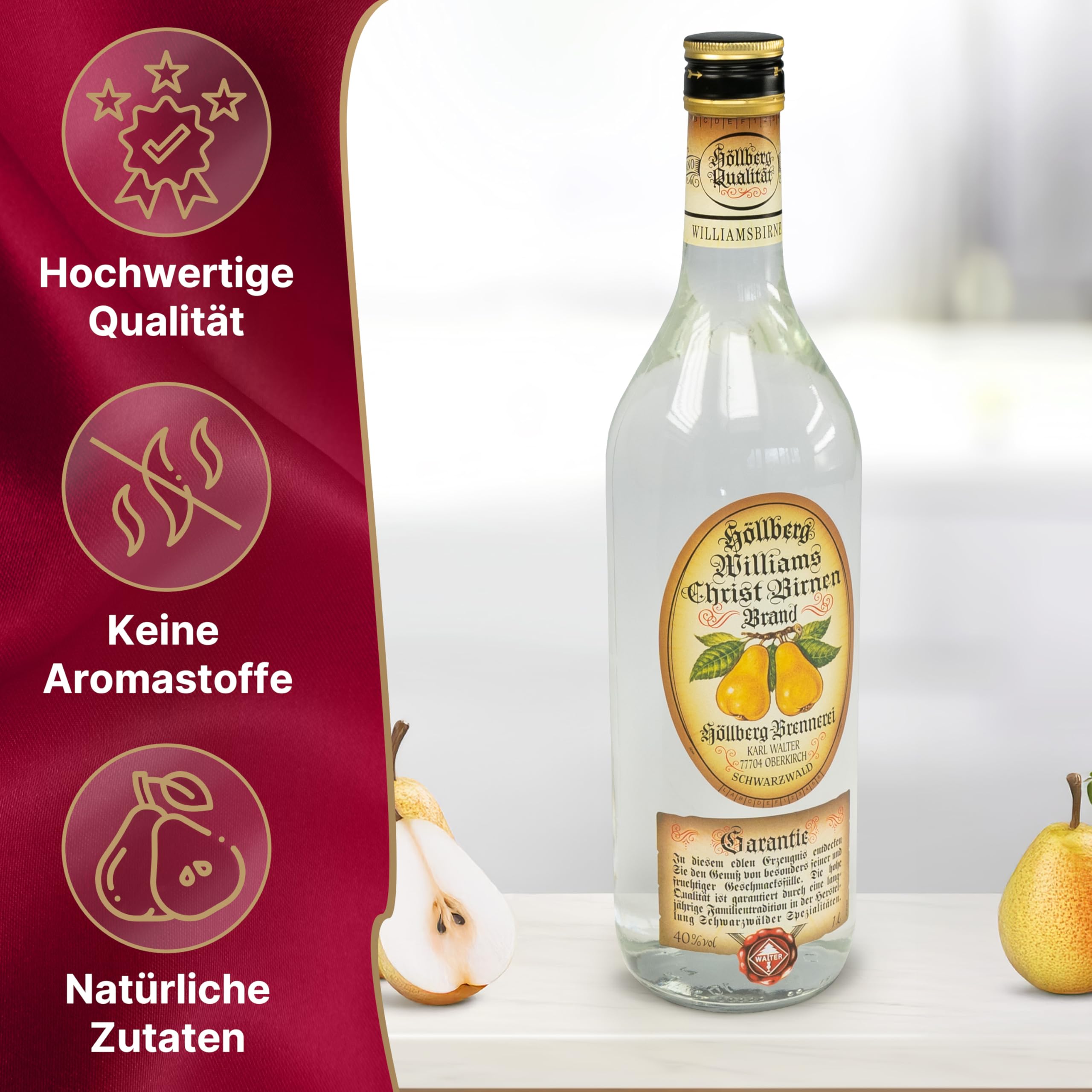 Höllberg® Original Williams-Christ-Birnenbrand 40% vol. (1L) – Edler Obstbrand & Obstler Schnaps aus dem Schwarzwald | Williams Birne Schnaps & Alte Birne Edelbrand | Premium Obstbrände