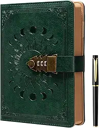 ZXHQ Diário de bloqueio com caneta, diário A5 de 240 páginas com fecho, borda marrom, recarregável, capa dura de couro (8,5 × 15 cm) verde escuro