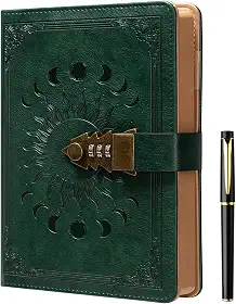 ZXHQ Diário de bloqueio com caneta, diário A5 de 240 páginas com fecho, borda marrom, recarregável, capa dura de couro (8,5 × 15 cm) verde escuro