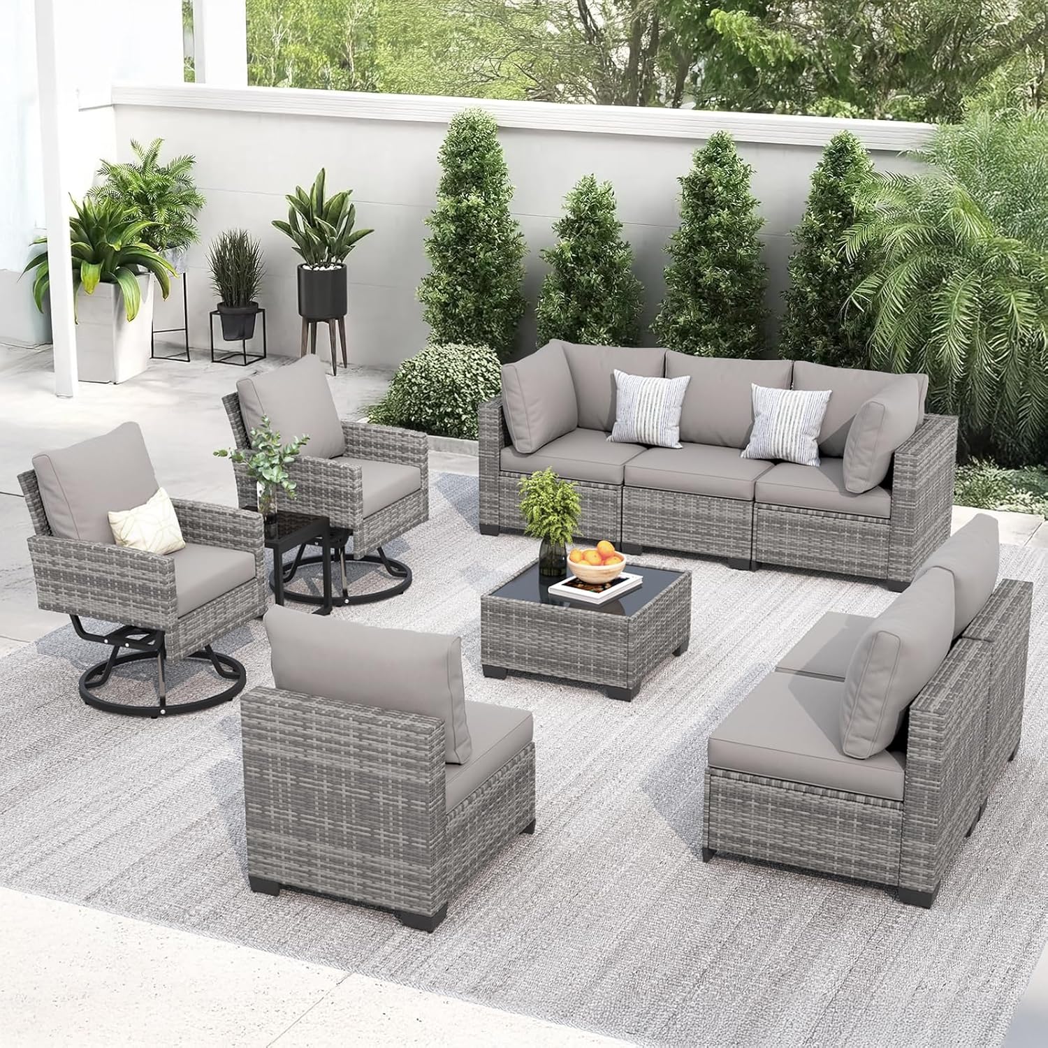10 Pieces Patio Furniture Set with Swivel Chairs, Outdoor Wicker Rattan Sectional Conversation Set with Coffee Table for Outside, Garden, Balcony, Porch, Grey-Light Grey