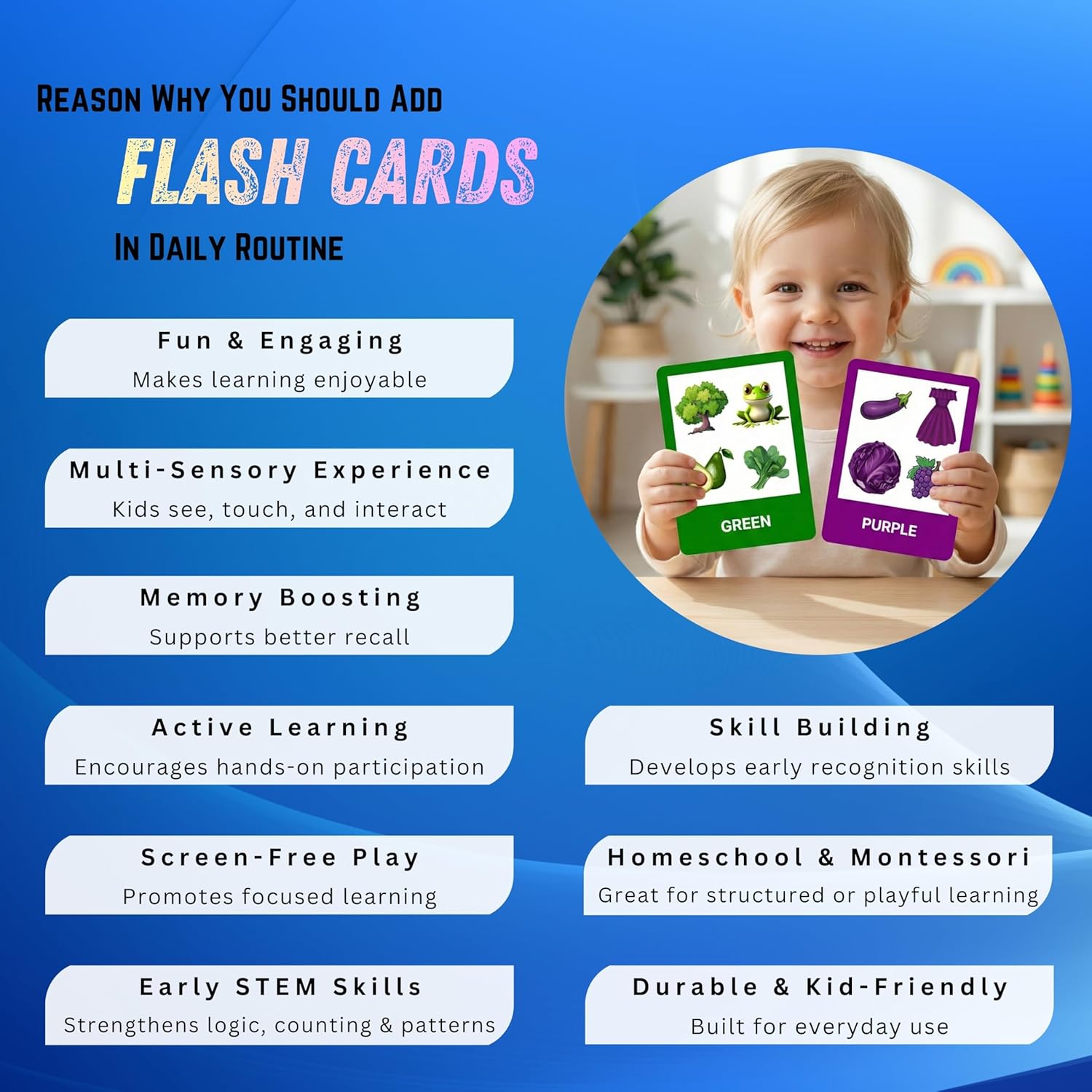 Colors Flashcards – Non-Tearable Synthetic Learning Cards for Toddlers, Preschool & Kindergarten, Double-Sided Set