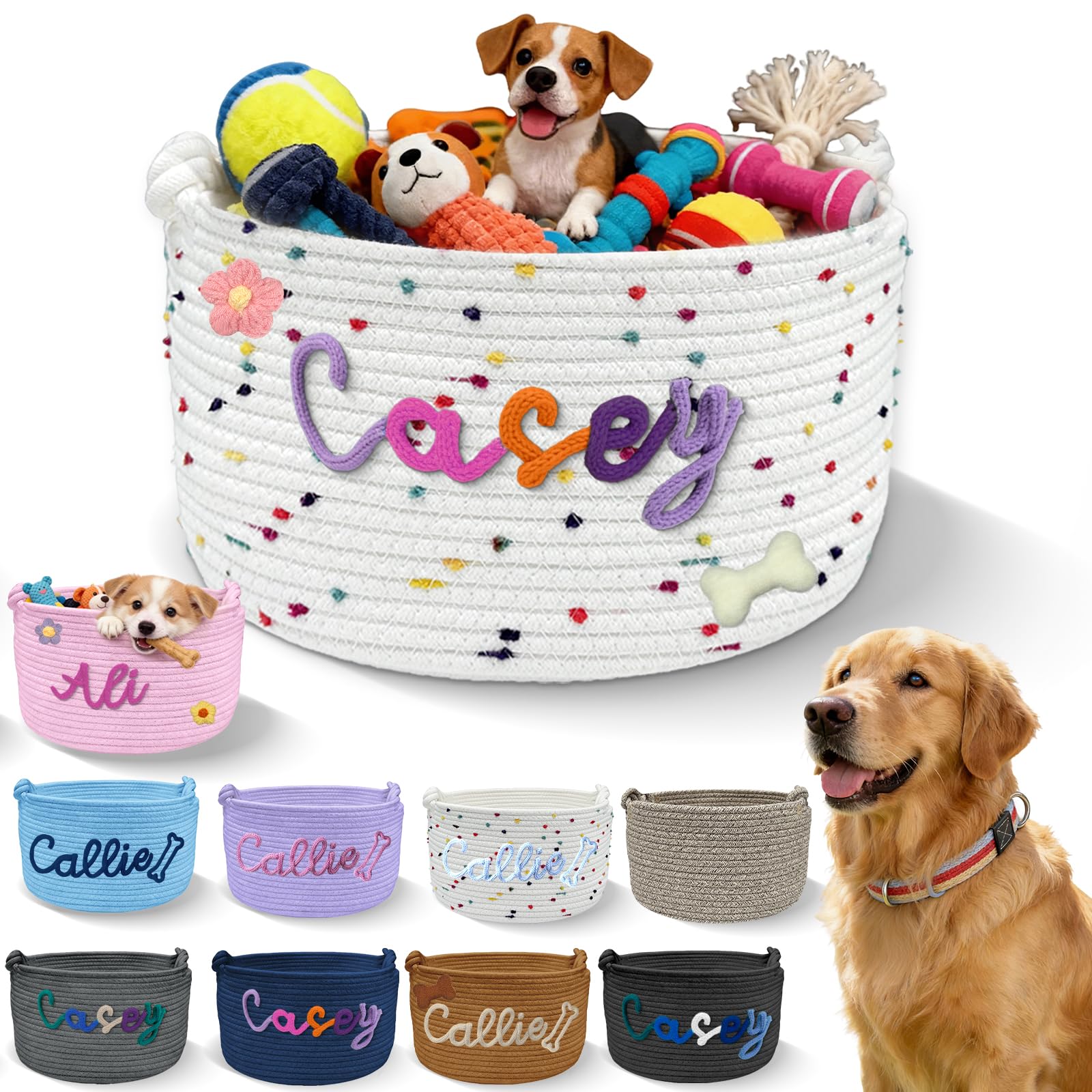 Sastridft Personalised Dog Toy Basket with Embroidery Name Custom Cotton Rope Pet Storage Bin for Toys Treats Large Capacity Storage Bin with Handle Home Organizer & Pet Gift