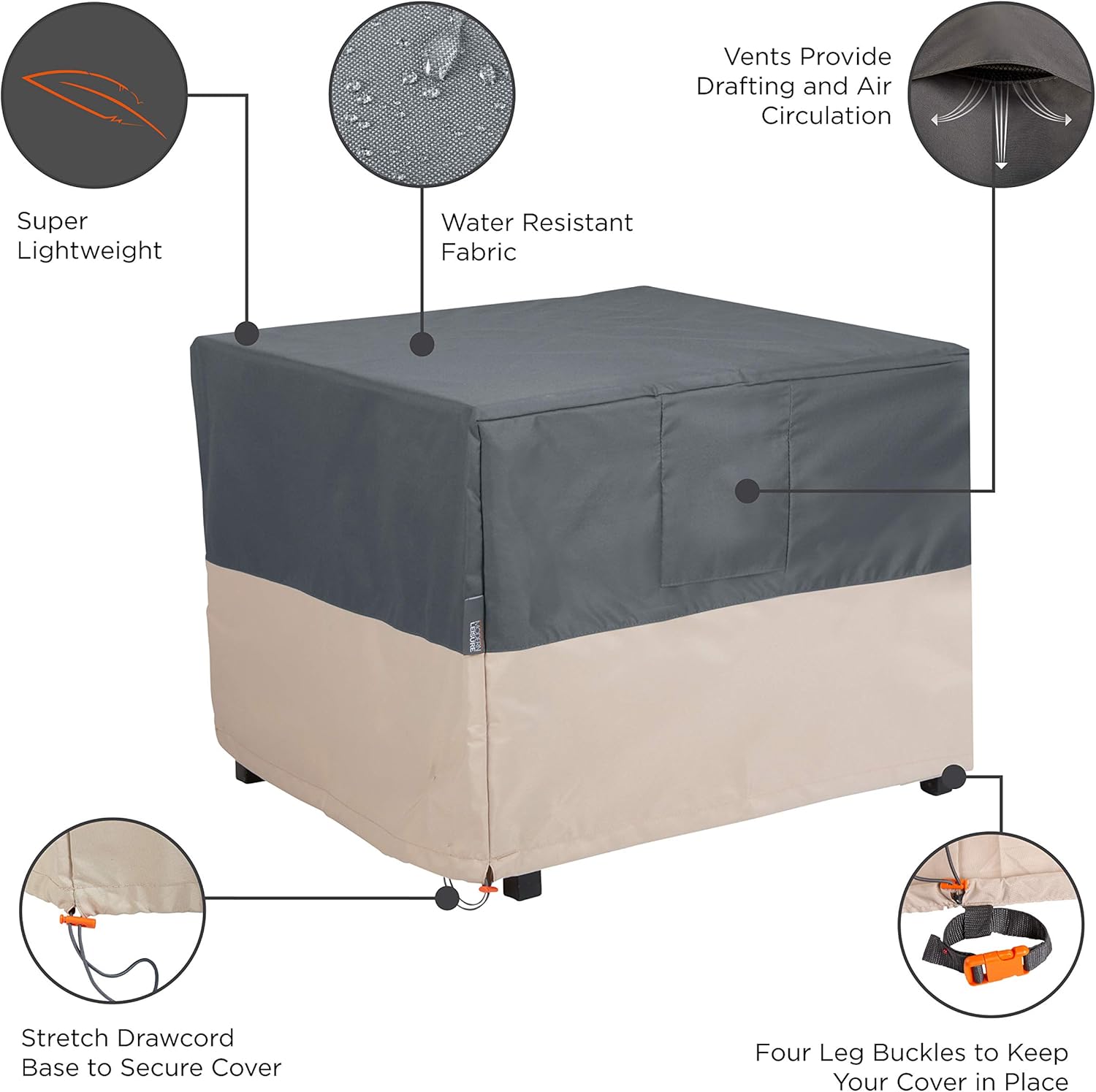 MODERN LEISURE 3024 Renaissance Ultralite Firepit Table Cover (42 W x 42 D x 22 H inches), Grey and Atmosphere