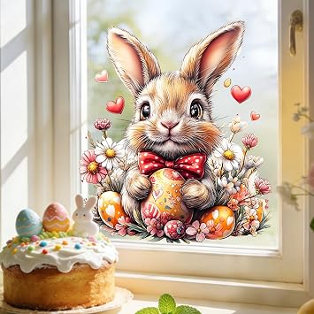 Summer Cute Rabbit Window Clings with Flower Heart Bow Design Static Window Stickers Reusable Flower Window Decals for Spring Party Holiday Home Office School Shop Glass Decorations 1 Sheet