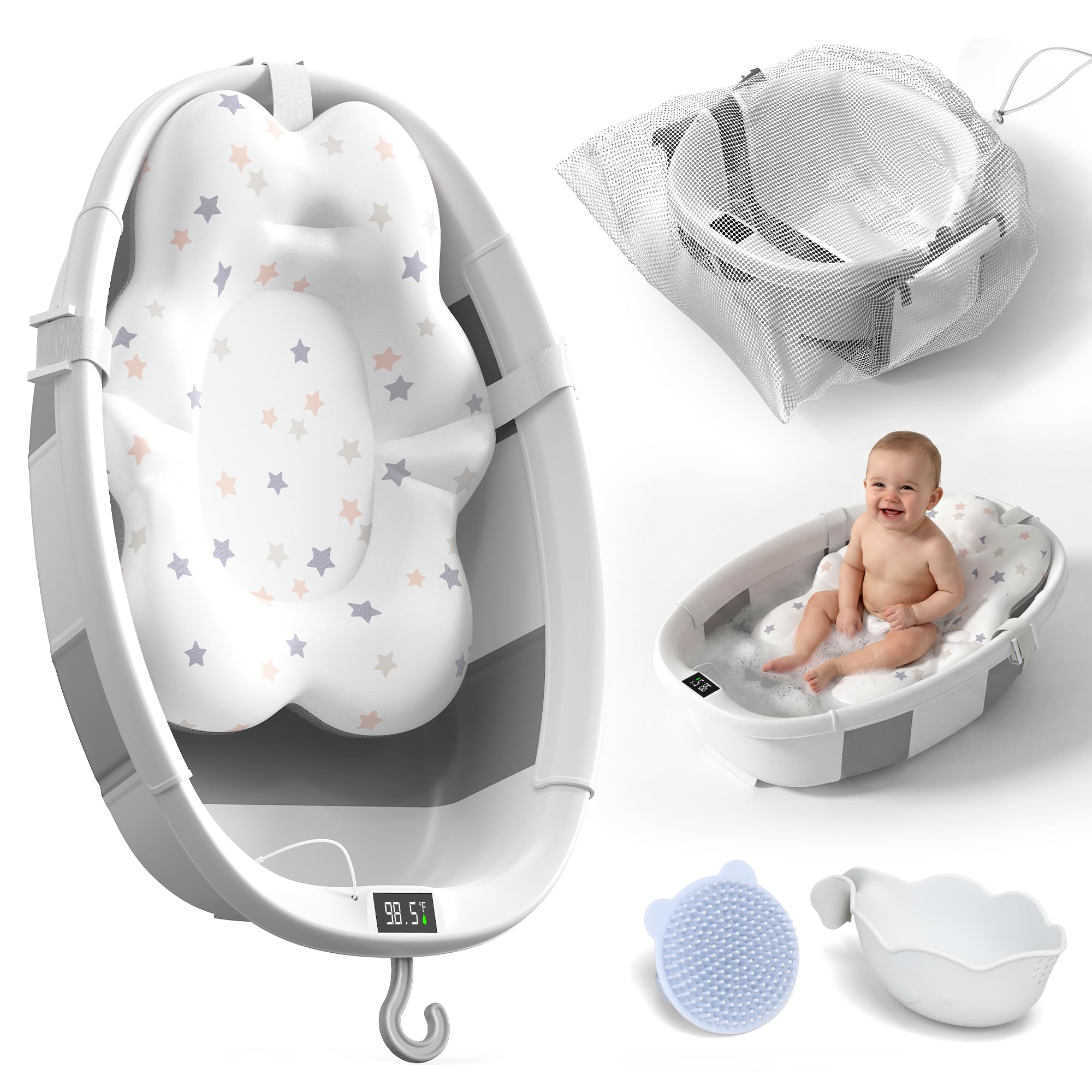 Photo 1 of Collapsible Baby Bathtub - Large Baby Bath Tub with Thermometer | Bath Essential Bañera para Bebe Easy Fold Baby Tub | Travel Infant Newborn Toddler Bathtub for Baby Girl Boy 0 to 36 Months (Grey)