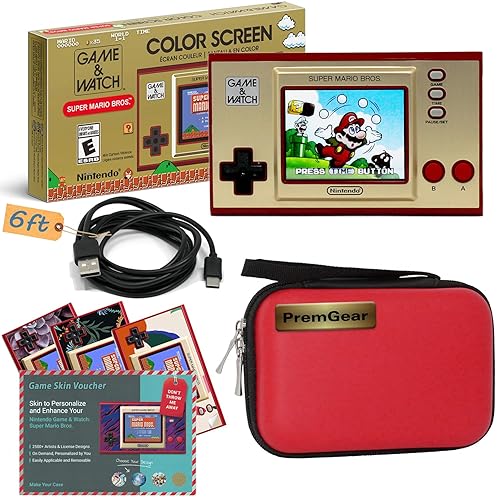 Nintendo Super Mario Bros Game and Watch Handheld Game System Bundled with PremGear Carrying Case GameWatch Skin Voucher 6ft USB Charging Cable