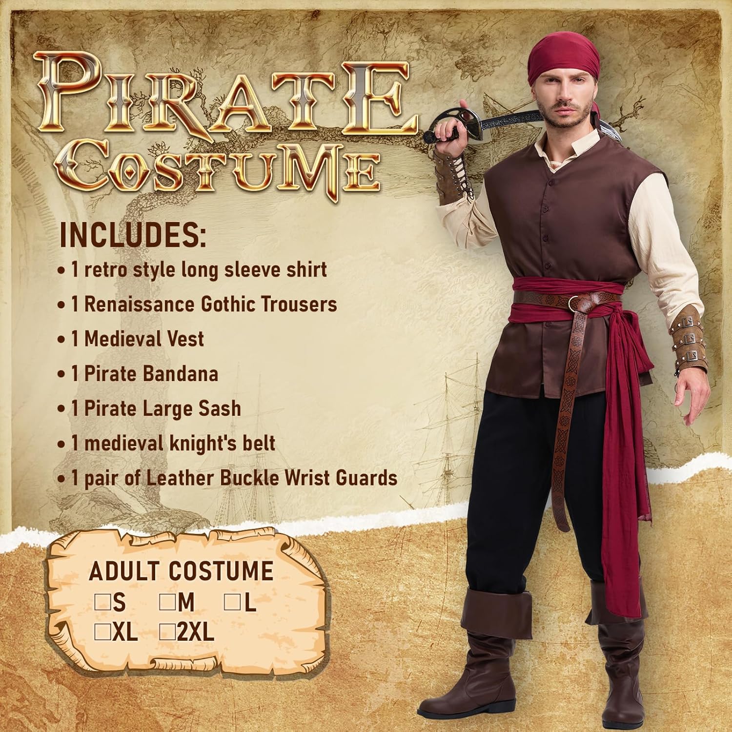 7PCS Mens Pirate Costume Renaissance Costume Outfit Medieval Costume Viking Pirate Accessories Vest Shirts Pants Belt - Image 2