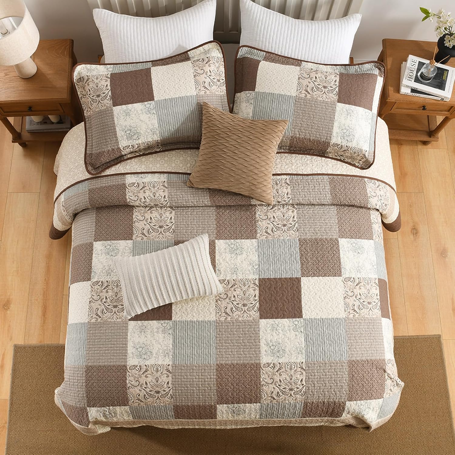 SahSahCasa 100% Cotton 120"x102" Oversized Queen Bedspread Coverlet Quilt Set, Plaid Paisley Floral Extra Large Reversible XL Bed Spread Lightweight Comforter, Brown/Beige/Gray - Image 7