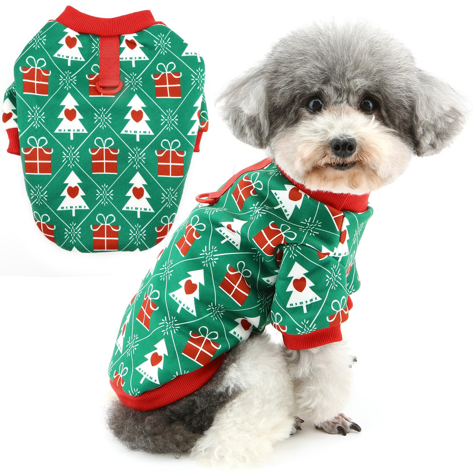Zunea Christmas Dog Sweatshirts for Small Dogs Xmas Sweater Coat Puppy Clothes with D-Ring Christmas Tree Jacket Jumpers Thin Fleece Lined Cold Weather XS/S Size Pet Chihuahua Yorkie Apparel Green M