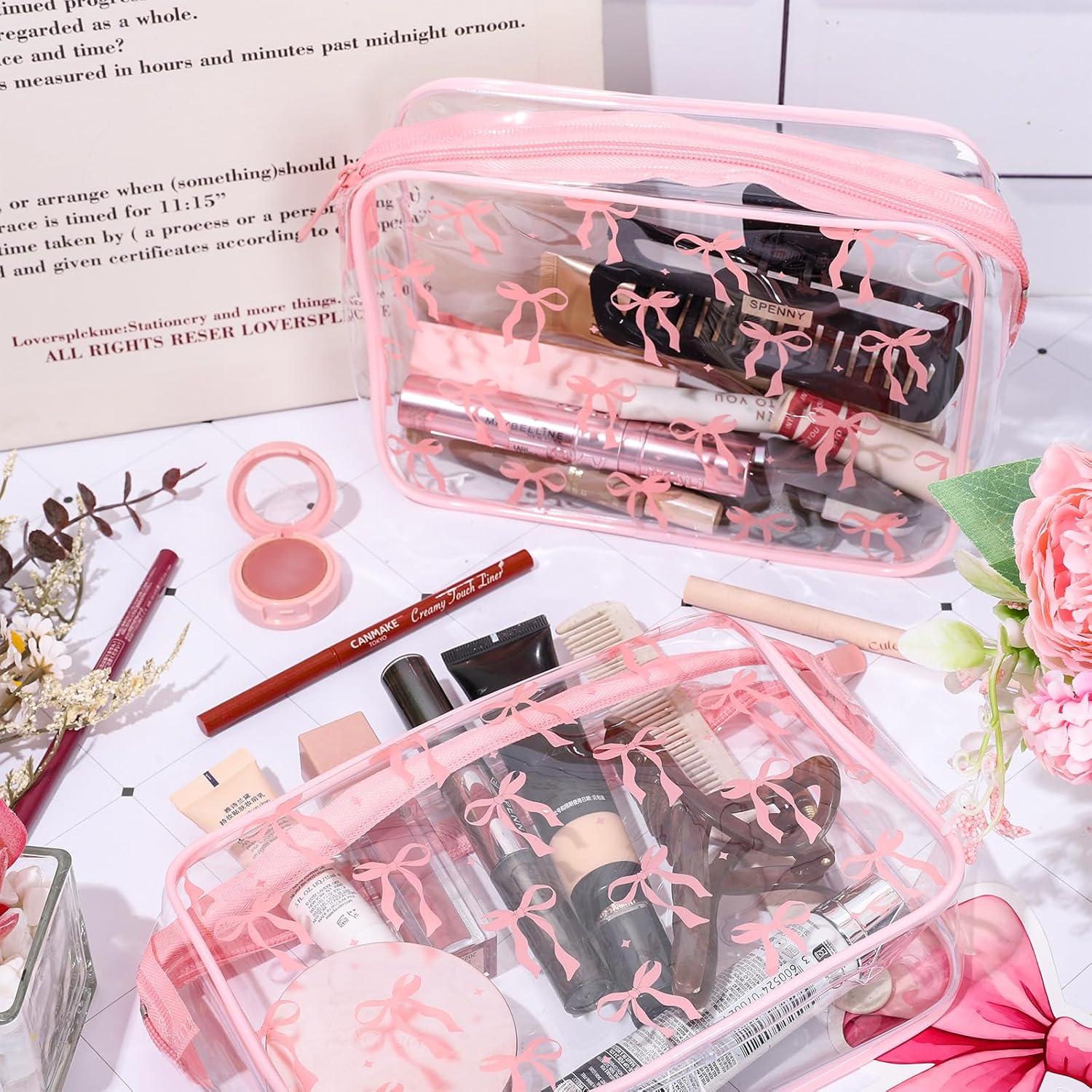 2Pcs Pink Bow Clear Makeup Bags Coquette Ribbon Bow Plastic Cosmetic Bags Waterproof Toiletry Travel Pouch for Women Girlfriend Bridesmaid Birthday Mother' s Day - Image 3