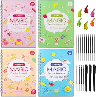 4 Pack Large Reusable Handwriting Practice Copybook for Kids, Comfy Tracing Sight Words Grooves Magic Practice Workbook Set for Age 3-6 (4 Books & 3 Pens & 6 Aid Pen Grips & 15 Pen Refills)
