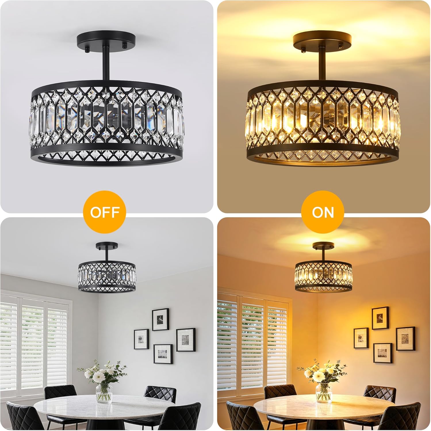 CNRATYE 12.6" Crystal Semi Flush Mount Ceiling Light Fixture, 3-Light Antique Black Hallway Light Fixtures, Round Chandelier for Bathroom Entryway Closet Bedroom Kitchen Dining Room