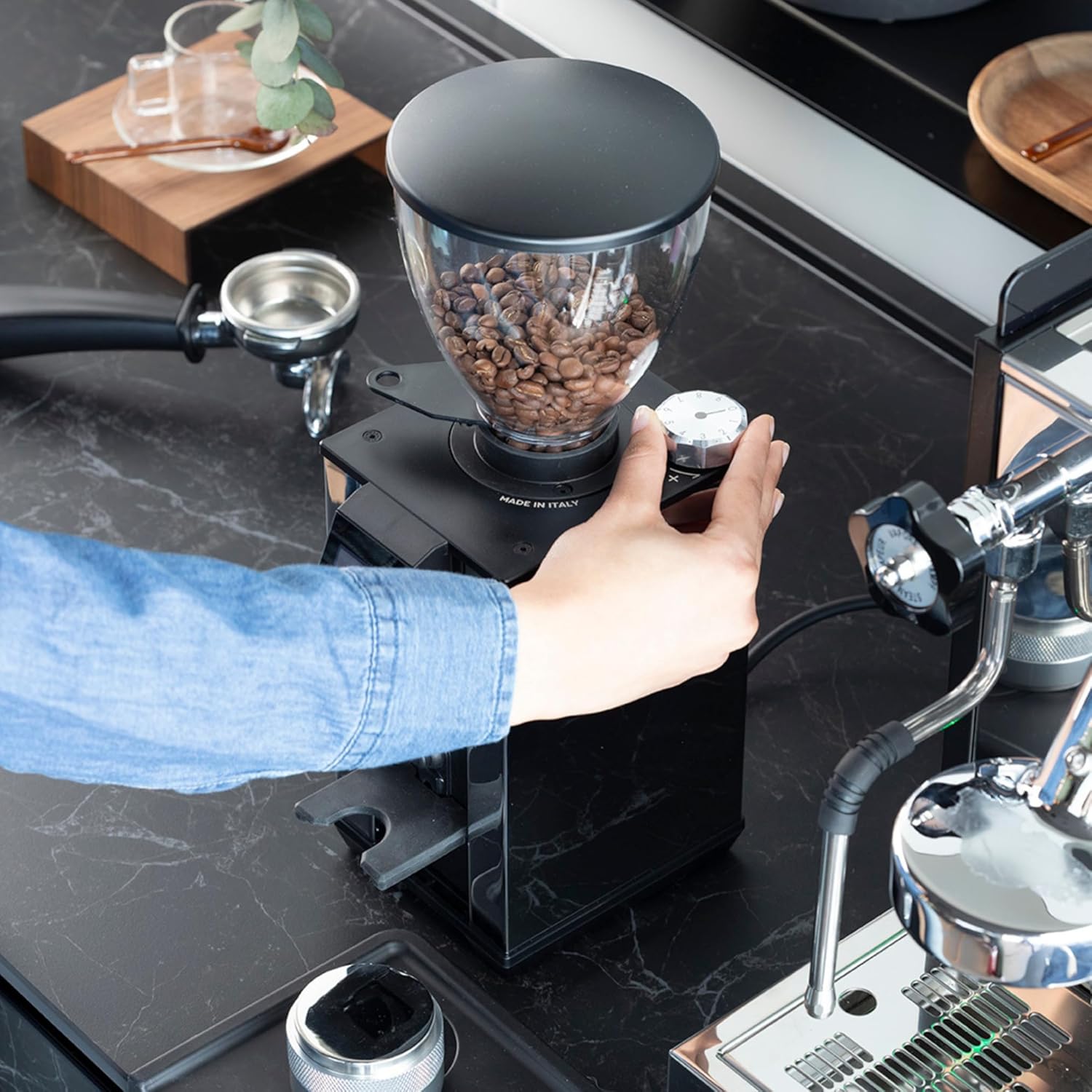 LEO 55 Touch Burr Coffee Grinder, Satin Black – 55mm Flat Burrs, Compact & Quiet, Stepless Micrometric Adjustment, Precision Grinding, Home Espresso Machine Compatible, Touch Screen
