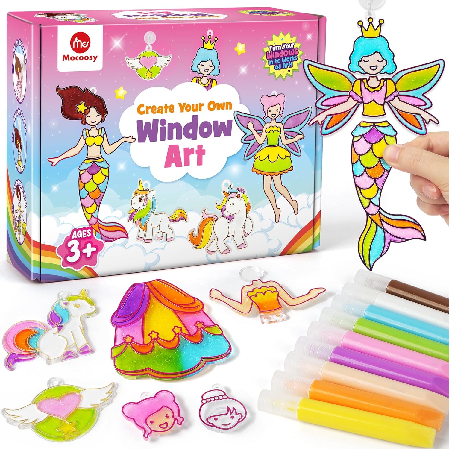 Mocoosy Princess Window Art Kit for Kids, DIY Suncatcher Art and Craft for Kids Ages 4-6-8, Stained Glass Window Art Painting Set for Girls, Unicorn Toys Easter Basket Stuffer Gift 5 6 7 8 9 Years Old