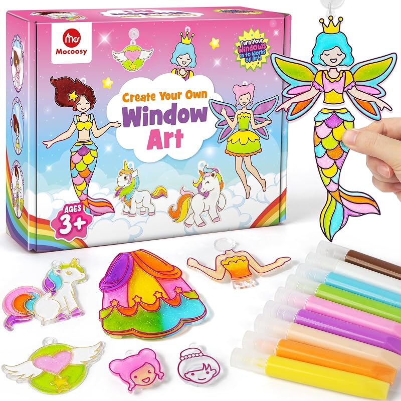 Mocoosy Princess Window Art Kit for Kids, Paint Your Own Suncatchers, DIY Stained Glass Painting Set for Girls, Art and Craft Ages 4-6, Kids Activities Ages 5-8, Birthday Gift for 5 6 7 8 9 Years Old