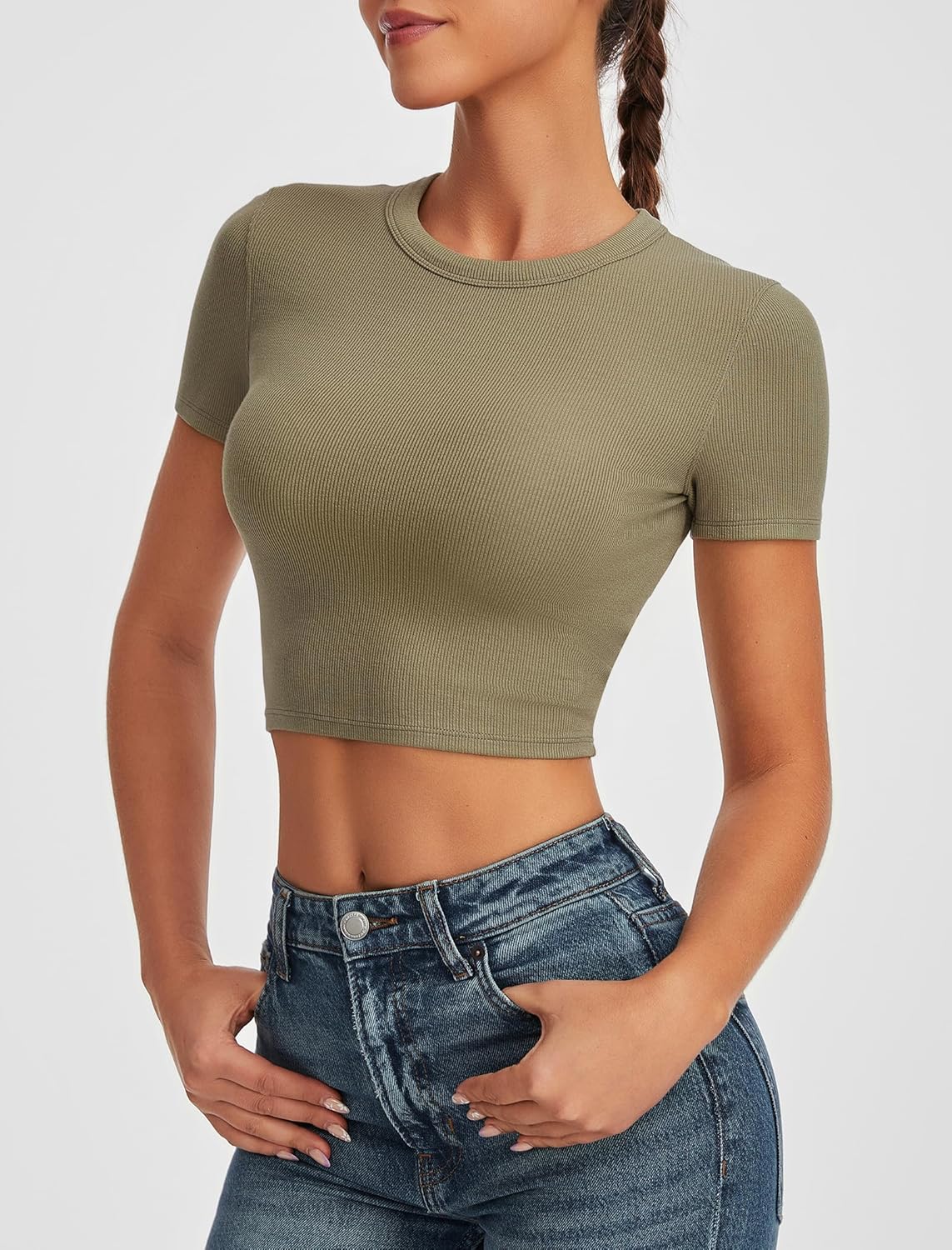 Crop Tops for Women Ribbed Crew Neck Short Sleeve Basic Tees Fitted T-Shirts Gym Workout Yoga Shirts - Image 5