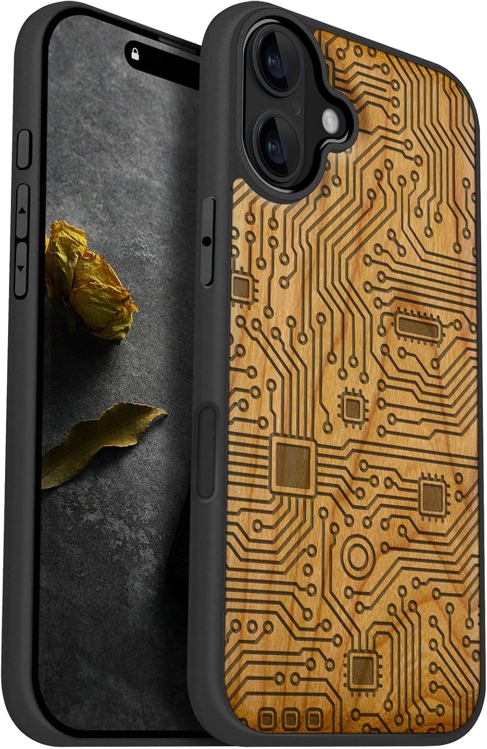 Carveit Magnetic Wooden Case for iPhone 16 Plus Case, Wood Artisan Engraved & Black Soft TPU Shockproof Cover, Compatible with MagSafe Wireless Chargers (Motherboard) Cherry