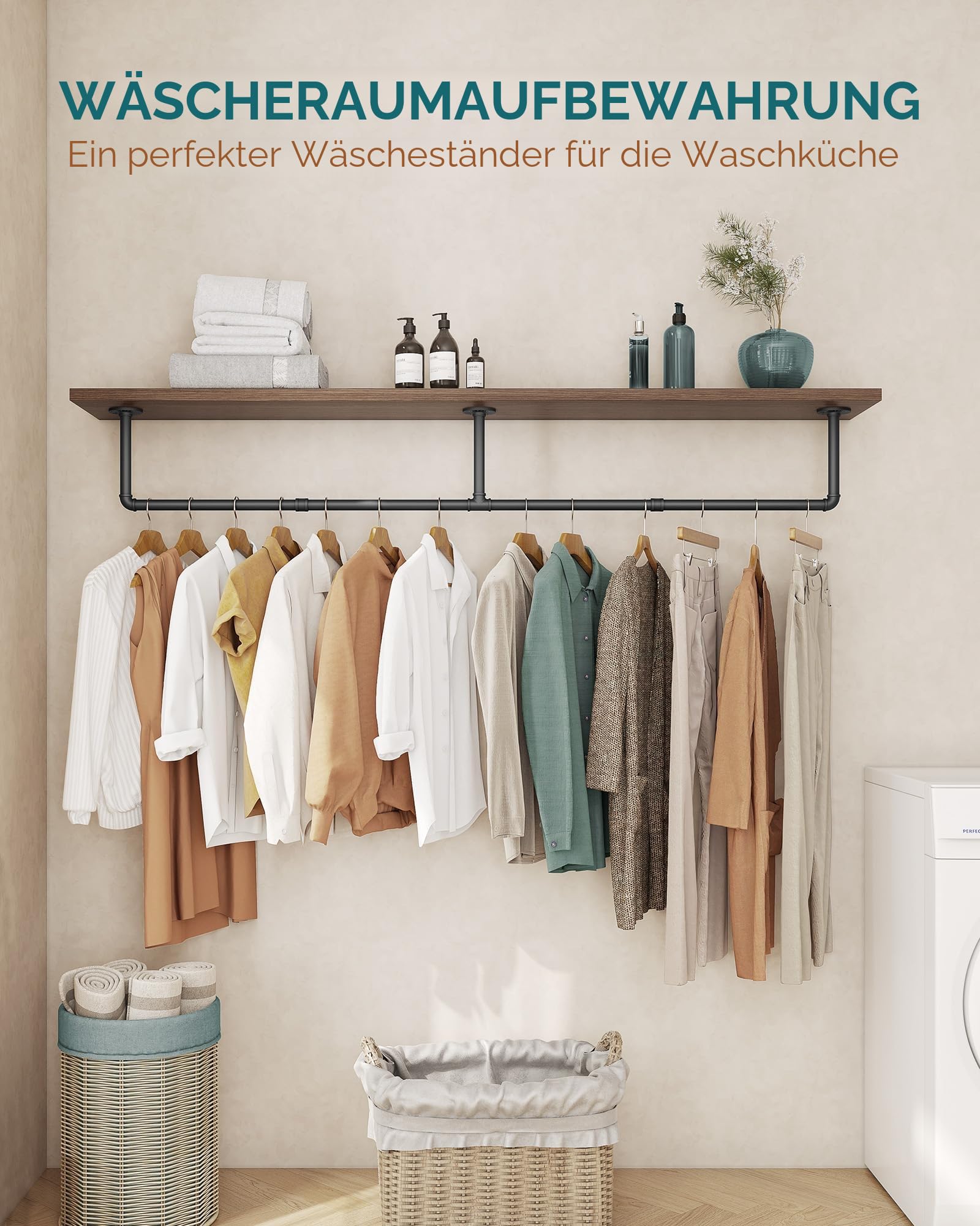 OROPY Industrielle Rohr Kleiderstange, 167 cm Wandmontage Abnehmbare Retro Metall Kleiderstange zum Aufhängen von Kleidung, Robuste Kleiderstange für Schlafzimmeraufbewahrung (3 Basis)