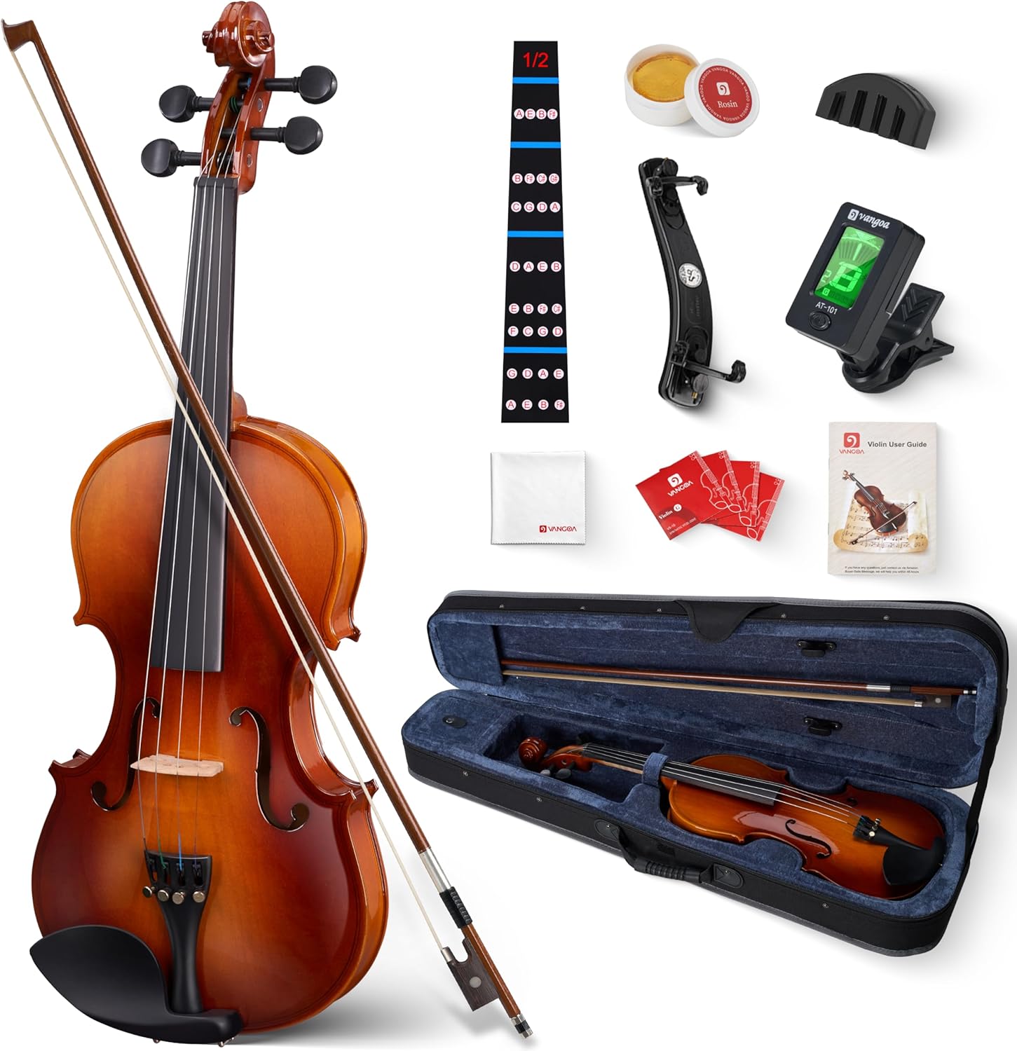 Vangoa Violin 1/2 Size for Beginners Full Set, Spruce Childrens Fiddle Half Size Bundle Medium Acoustic Violins Starter Kit Package w/Side Solidwood, Hard Case for School Students Ages 6-9 1/2 Gradient Red & Solid Wood Sides