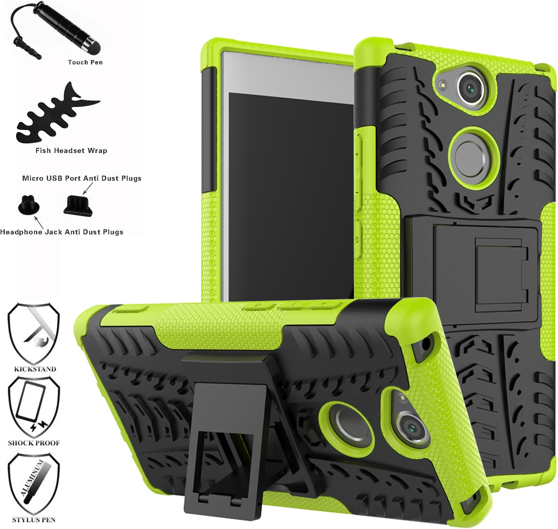 Sony Xperia XA2 Case,Mama Mouth Shockproof Heavy Duty Combo Hybrid Rugged Dual Layer Grip Cover with Kickstand for Sony Xperia XA2 5.2 Inch 2018 (with 4 in 1 Packaged),Green