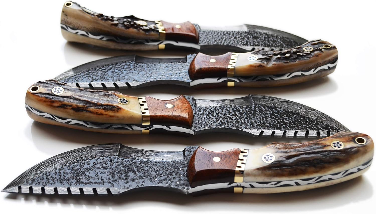 Damascus Hunting Knife with Stag Antler Handle and Leather Sheath (Damascus Tracker, 4.5 Inch Blade) - Image 3