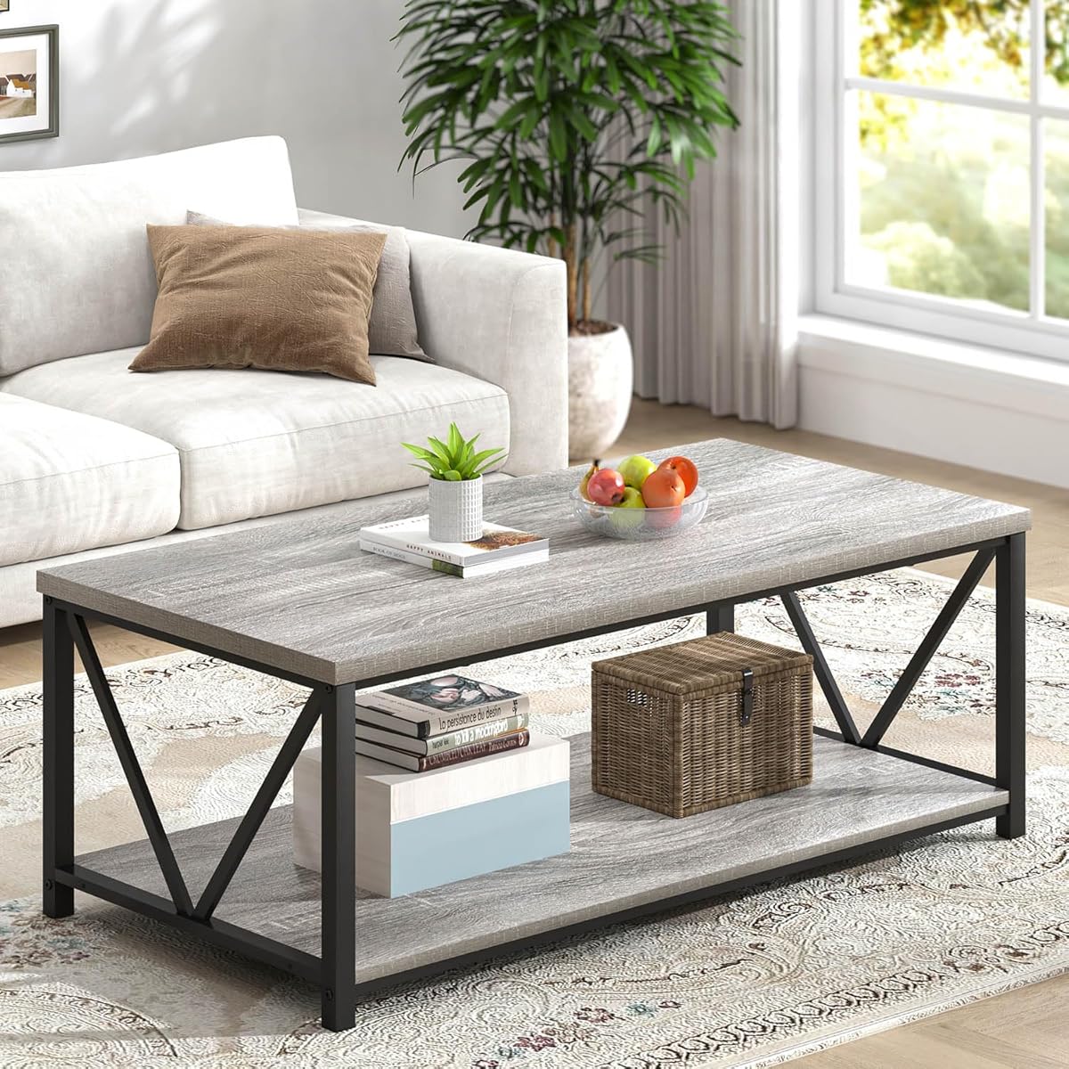 FOLUBAN Coffee Table, Modern Rectangle Living Room Table with Storage Shelf, Rustic Wood and Metal Center Table, Light Grey, 47 Inch