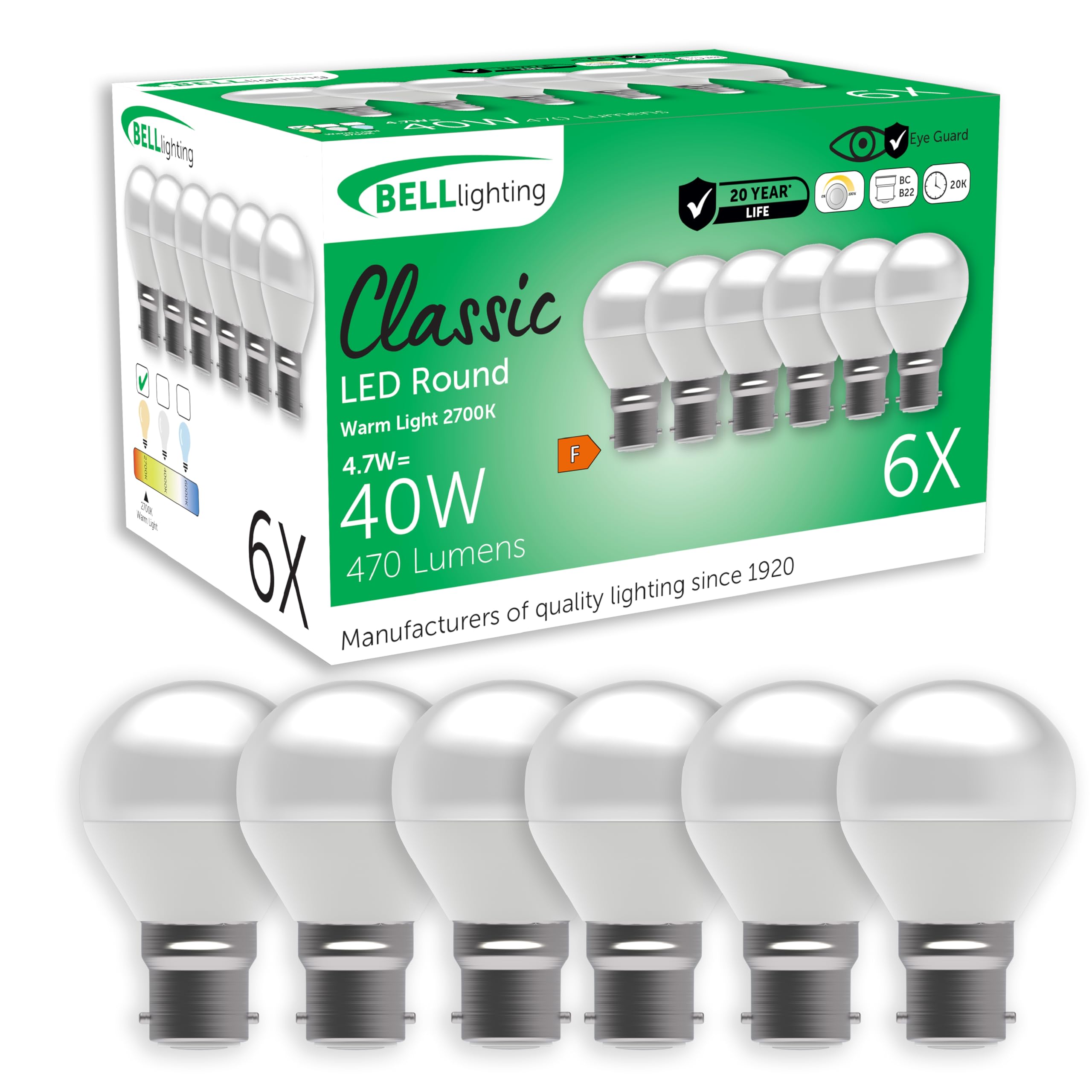 BELL Lighting B22 Bayonet Dimmable Light Bulb LED Golf Ball 6 Pack | Warm White 2700K | 470 Lumen 4.7W | Energy Saving Round LED Light Bulb | 40W Lamp Equivalent — image 1