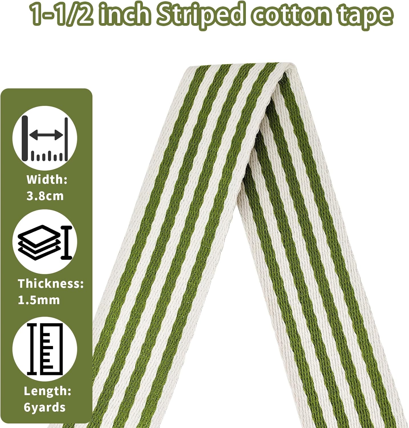 1 1/2 Inch Striped Cotton Webbing Straps - 6 Yards Jacquard Fabric Ribbon Heavy Duty Straps for Bags Making,Harnesses,Backpack, Belts,Clothing,Sewing (Olive)