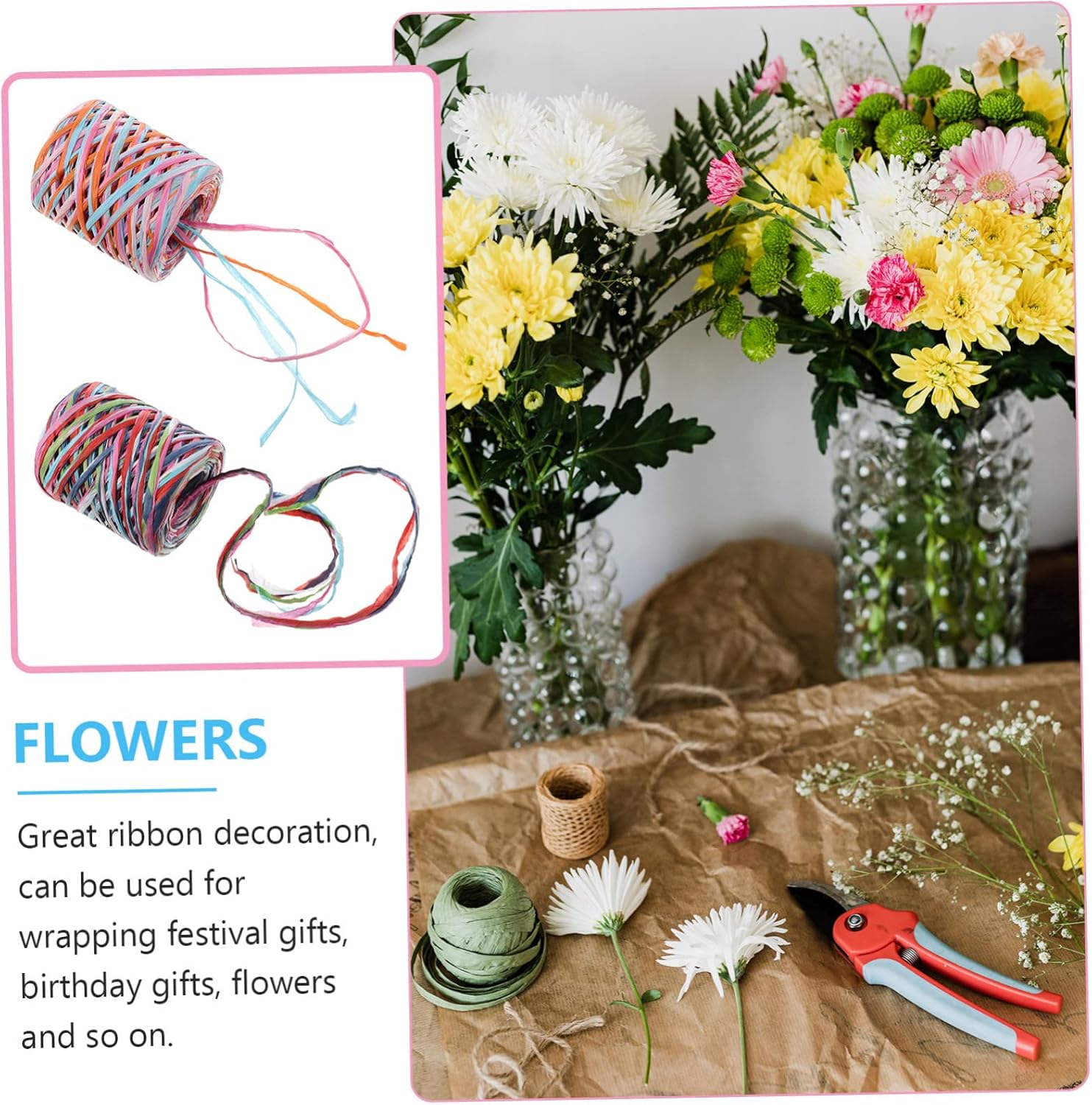 2rolls Raffia Paper Ribbon of Packing Twine for Wrapping Hair Bows Party Decorations and Crafts Wear-Resistant Multi-Functional Ribbon