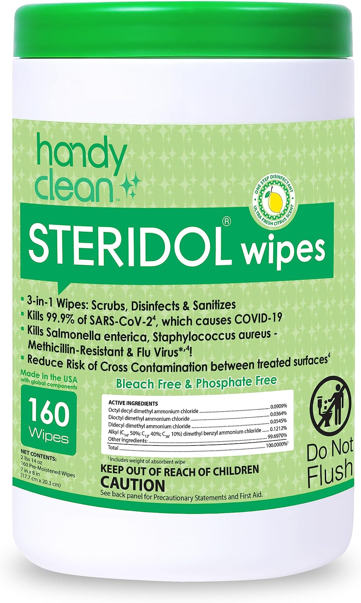 - Steridol Wipes Canister, Hard Surface Wipes Multipurpose Cleaning 160 Count Fresh Lemon Scent Industrial Grade For Business Use