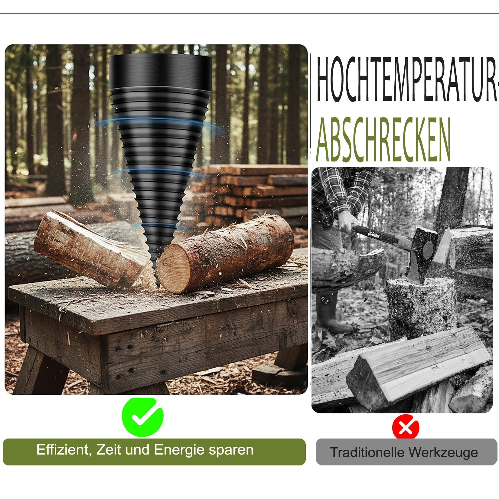 Fendeur de bois foret 50 mm + 32 mm, perceuse fendeuse de bois avec 4 poignées de perçage, fendeuse conique pour fendre et percer le bois