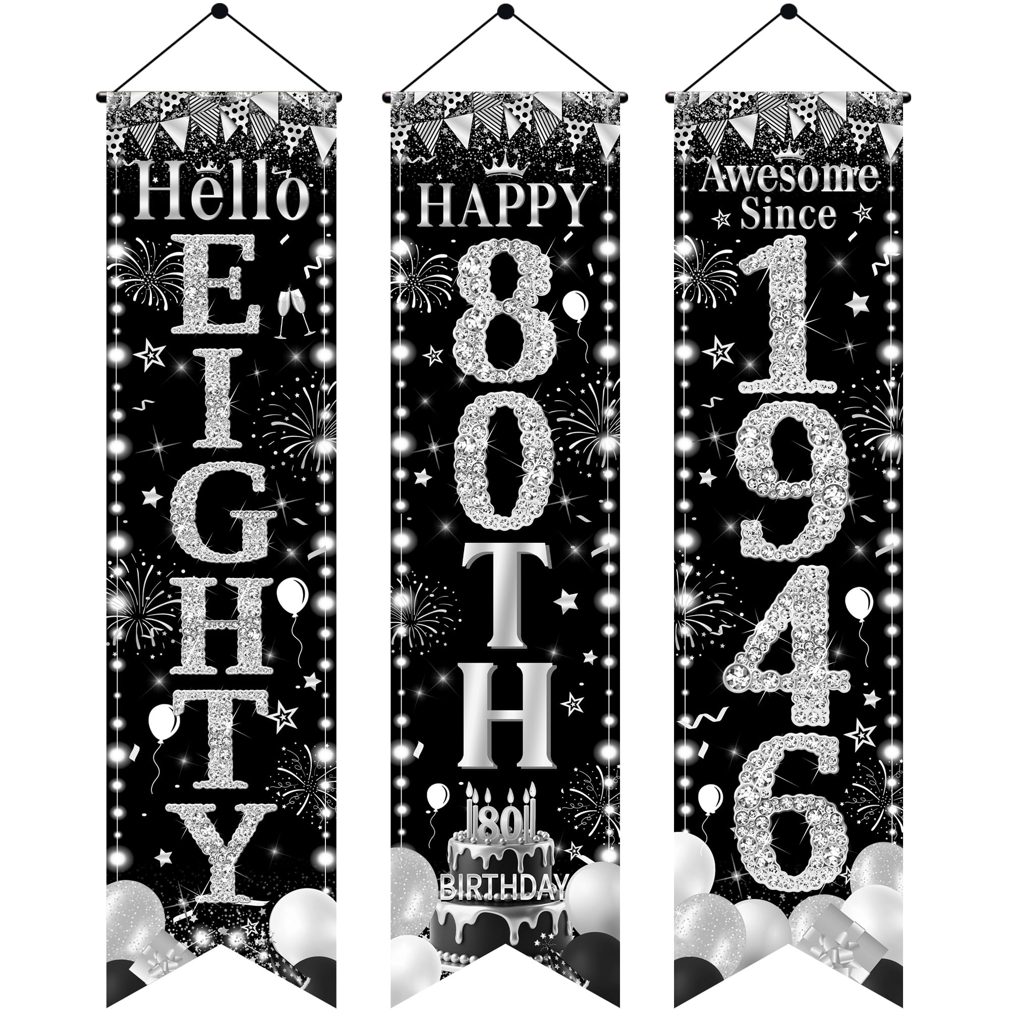 80th Birthday Door Banner Decorations - Black Silver Hello Eighty Porch Signs 3.9x0.9ft, 3Pcs Cheers to 80 Years Awesome Since 1946 Hanging Banners for 80th Birthday Party Decor
