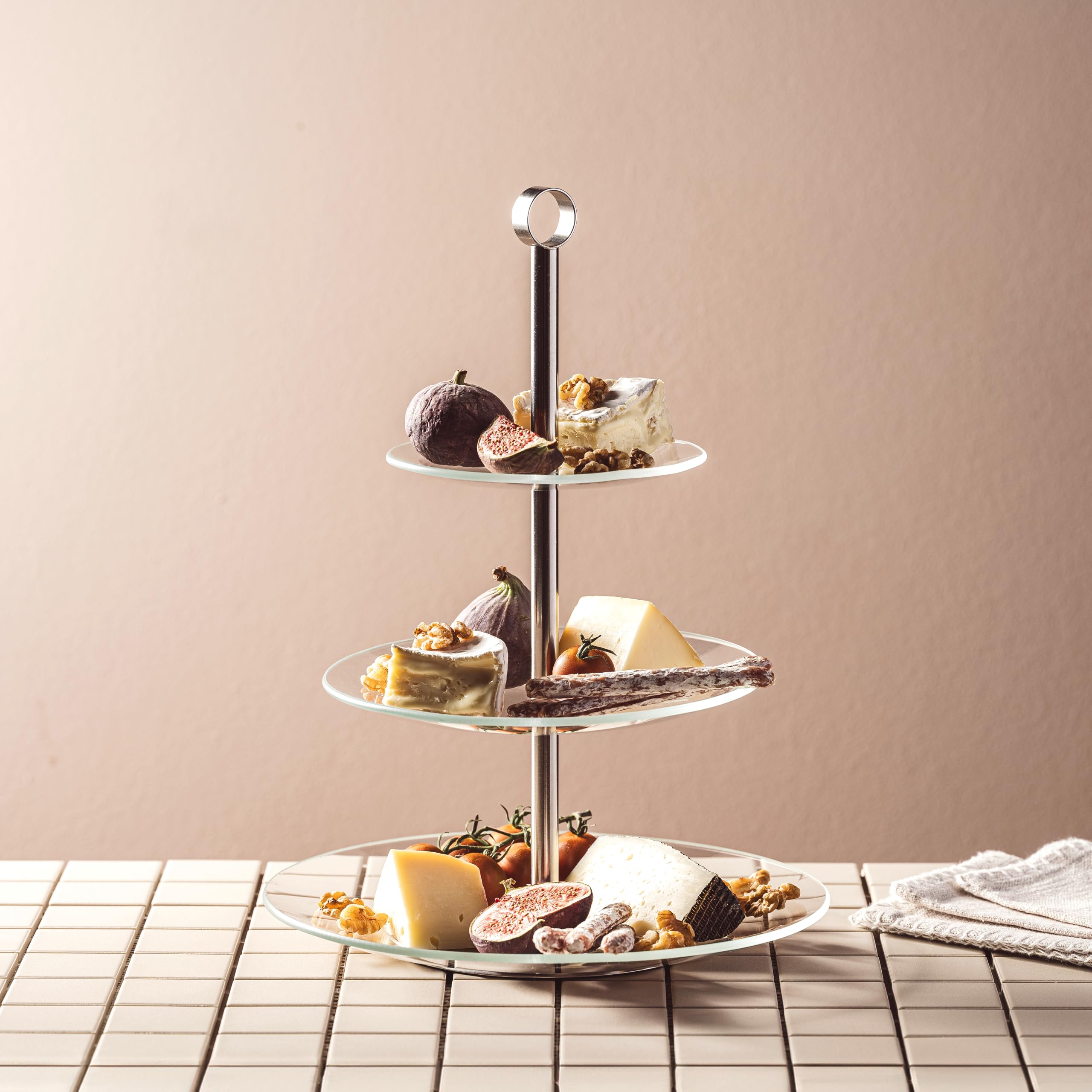 LEONARDO HOME CENA Etagere • 1 Stück • Moderne Glasetagere • für Kuchen und Häppchen • elegante Etagere • für Brunch und Buffet • Zeitloses Design • für jede Gelegenheit • Höhe 36 cm • silber • 025363