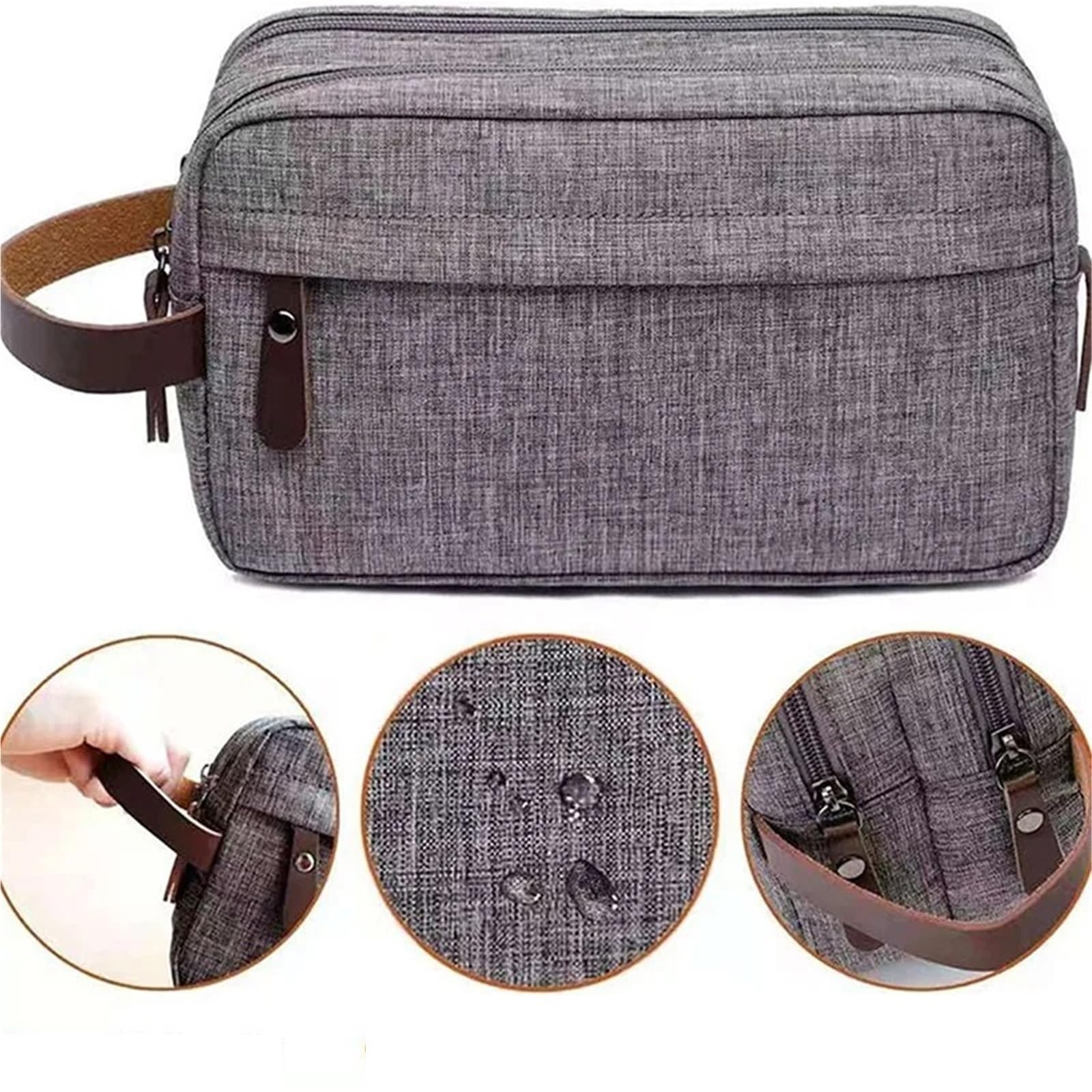 Neceser Neceser de Lona Informal con asa de Cuero for Hombre y Mujer, Bolsa organizadora Impermeable for Viaje, Lavado, Afeitado, Almacenamiento de artículos de tocador(Black)
