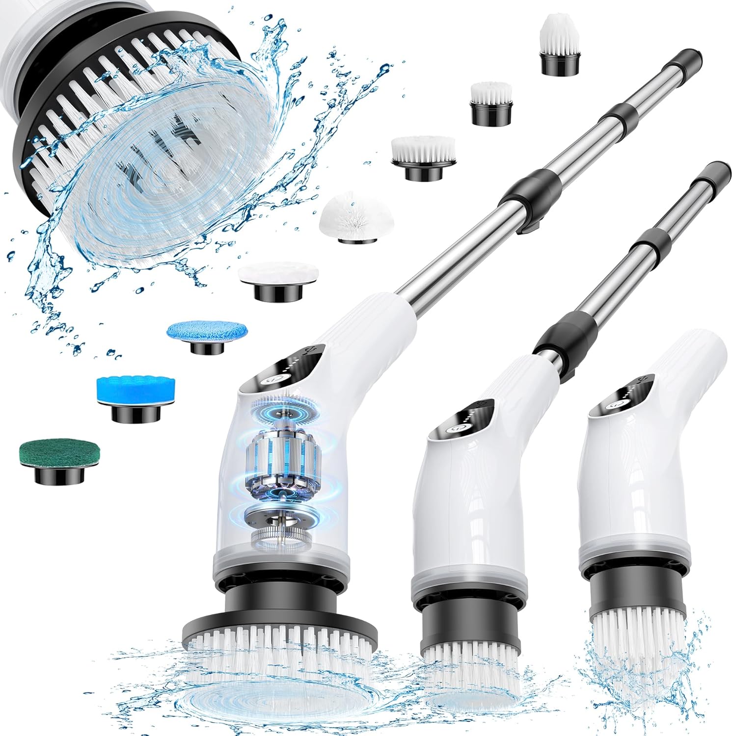 Electric Spin Scrubber, Cordless Cleaning Brush with 8 Replaceable Heads, Five-Speed Power Scrubber with Adjustable Handle for Bathroom, Tub, Floor, Tile & Car – Clean Without Bending