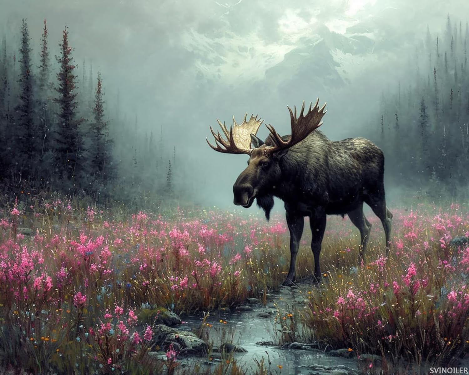 SVINOILER DIY Paint by Numbers for Adults Beginner, Moose Trail in Mist, Paint by Numbers Kit Painting by Numbers for Adults, 16" x 20"