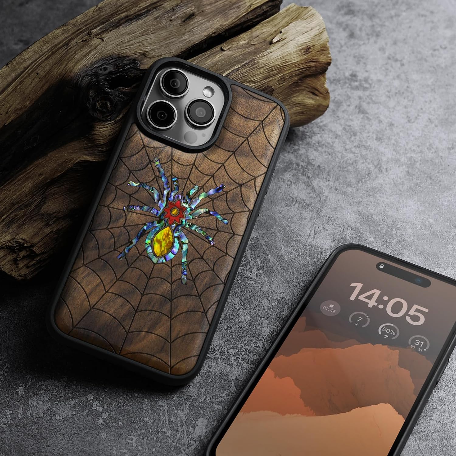 Carveit Magnetic Case for iPhone 16 Pro Case, Wood Artisan Engraved & Handmade Shell Inlaid, TPU Shockproof Cover, Compatible with MagSafe Wireless Chargers (Spider Web) Walnut