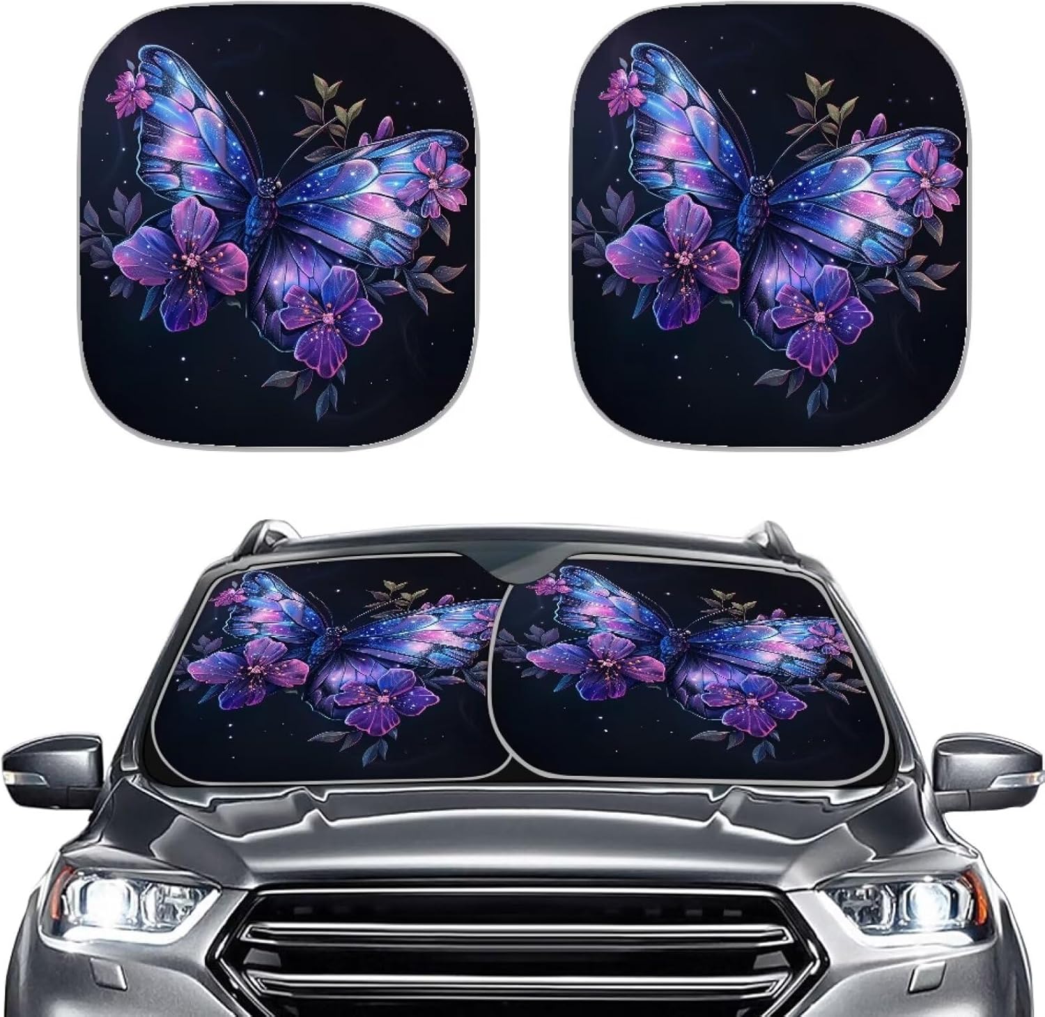 Lishukuss Butterfly Purple 2-Piece Windshield Sun Shade for SUV Truck Car - Universal Fit UV Blocker