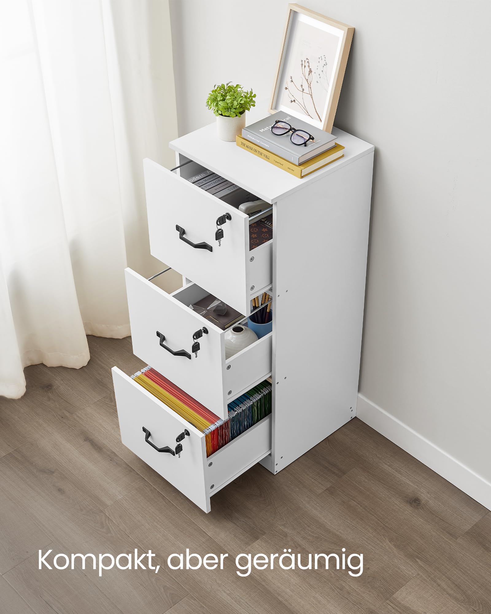 VASAGLE Custos Kollektion - Aktenschrank, Büroschrank für Homeoffice, Druckerständer, mit 3 abschließbaren Schubladen, verstellbare Hängestangen, für A4- und Letter-Formate, wolkenweiß OFC055WB01