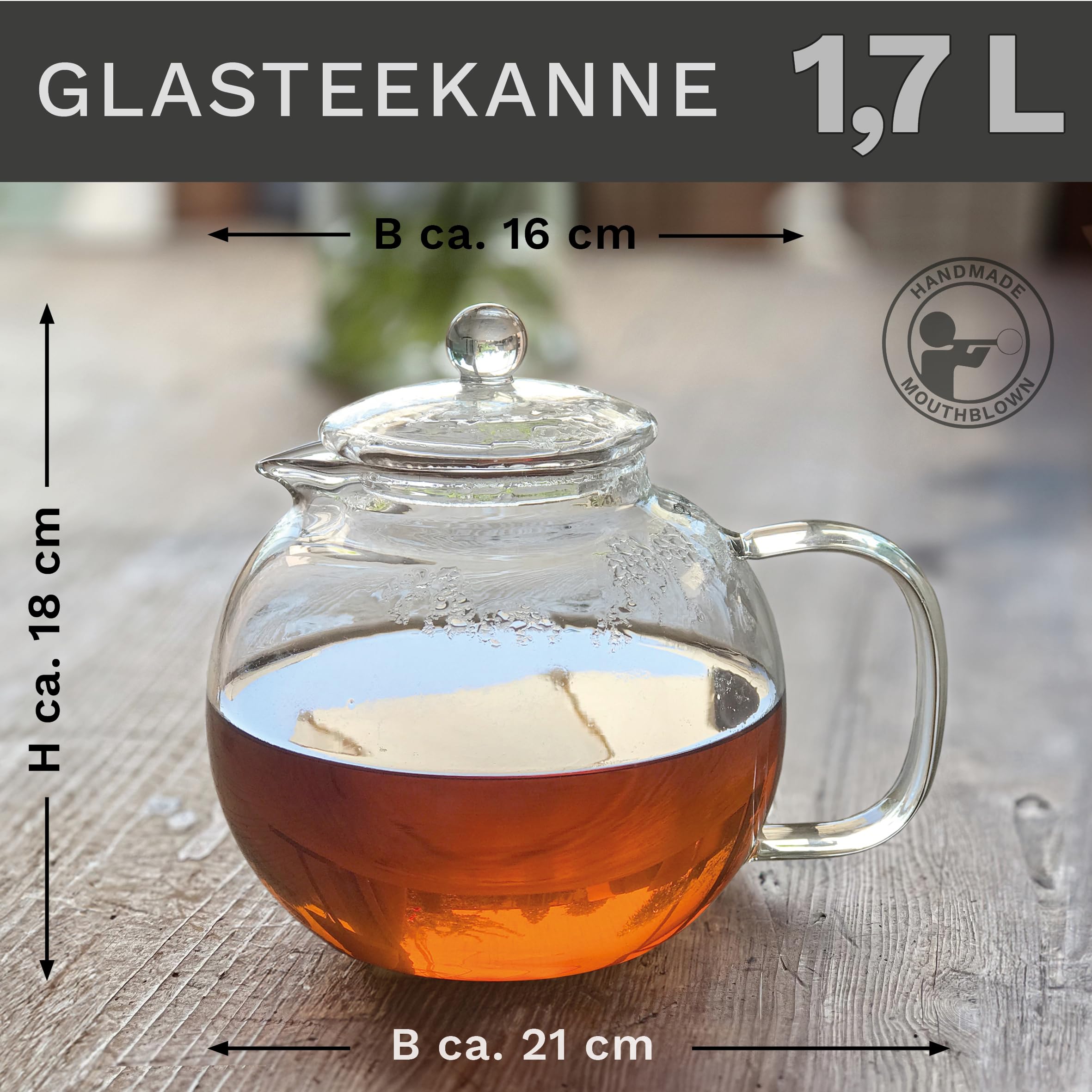 Creano Teekanne aus Glas 1,7l, 3-teilige Glasteekanne mit integriertem Edelstahl Sieb und Glasdeckel, ideal zur Zubereitung von losen Tees, tropffrei, All-in-one
