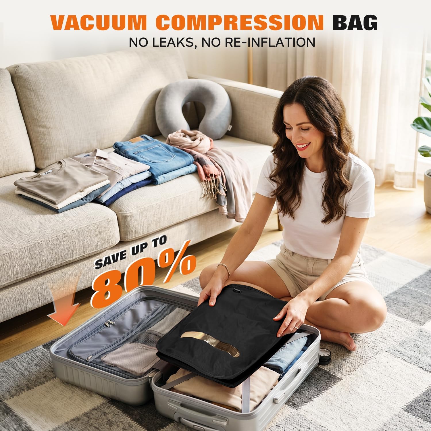 Vacuum Bags for Travel with Wired Pump, Travel Compression Bags for Clothes, 180° Open Zipper, Save 80% Space, IP68 Waterproof Travelpack Vacuum Kit for Luggage, Suitcase, Home Storage (2 Pack + Pump) image 2