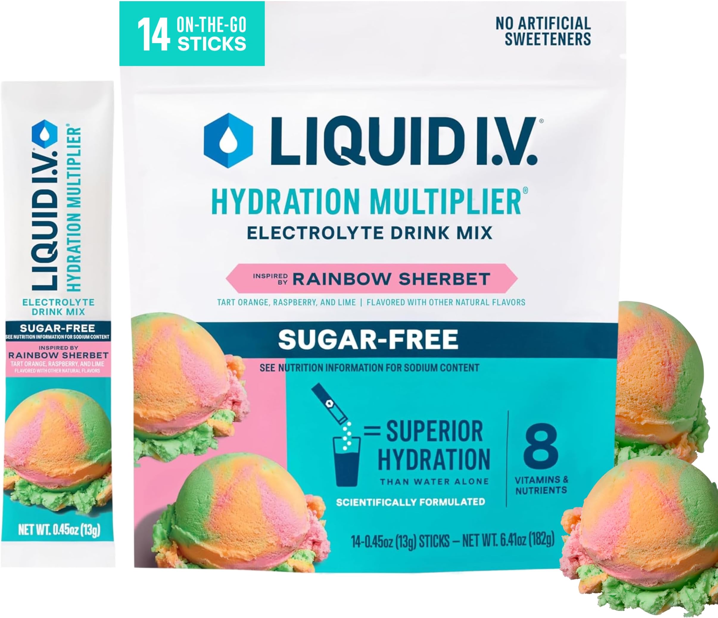 Liquid I.V. Sugar Free Hydration Multiplier - Rainbow Sherbet, Electrolyte Powder Drink Mix, 1 Pack (14 Servings)