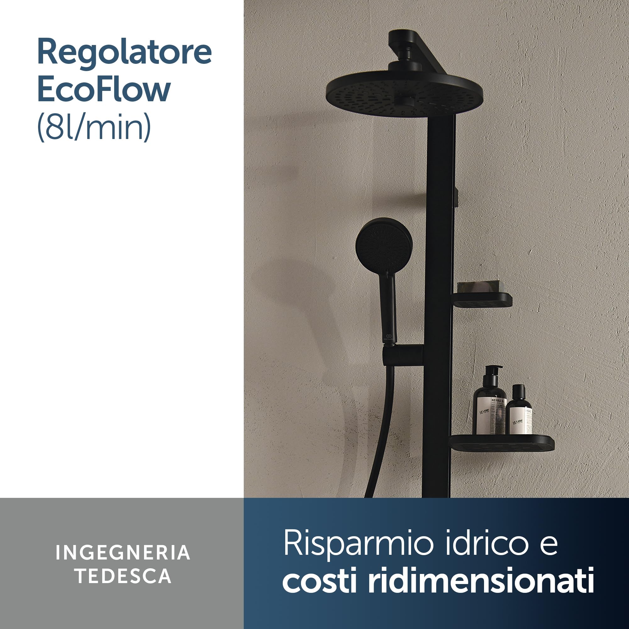 Ideal Standard Idealrain Alu+ Doccetta multifunzione, con due tipi di getto tramite selettore rotante, soffione doccia a risparmio idrico con ugelli EasyClean – Nero Opaco (100x56x232 mm)