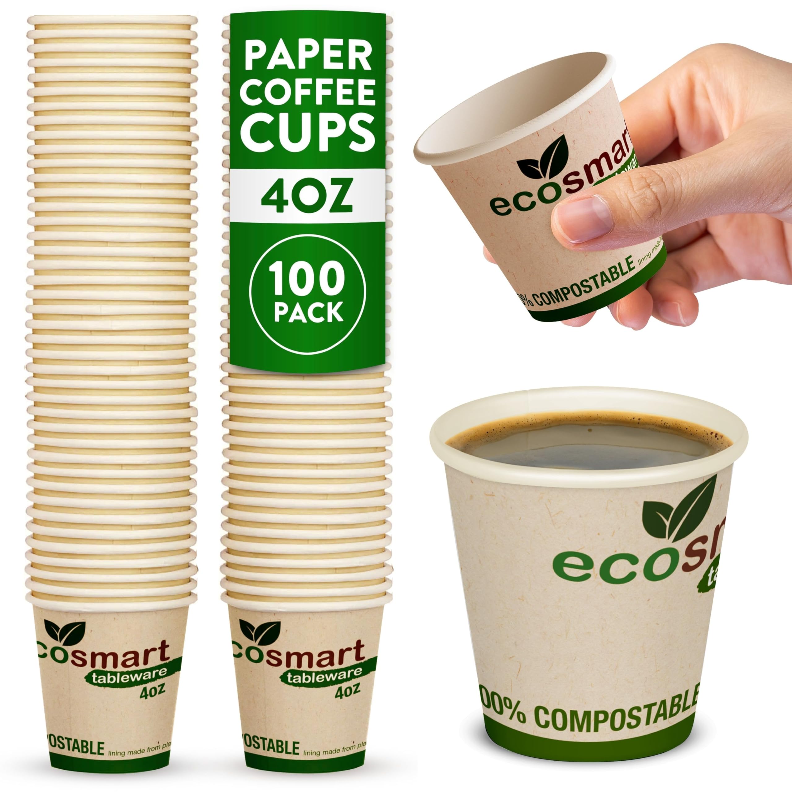 volila Paper Coffee Cups 100 Pack, 4 Oz Recyclable Cups, Disposable Coffee and Tea Paper Cups