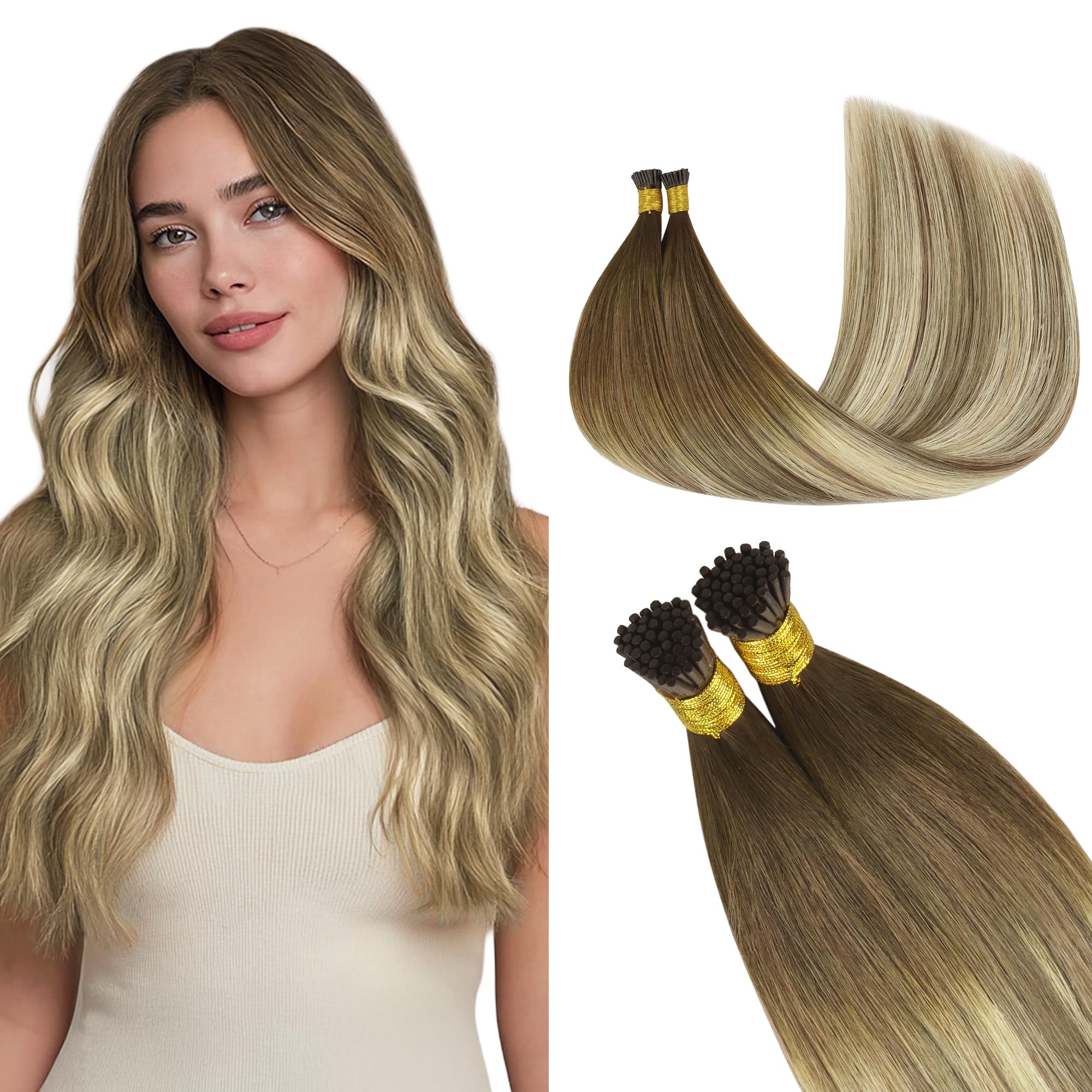 GOO GOO I Tip Hair Extensions, Real Human Hair, 22inch 100g 100S, Cold Fusion I Tip, Invisible Remy, 3/8/613 Balayage Walnut Brown to Ash Brown and