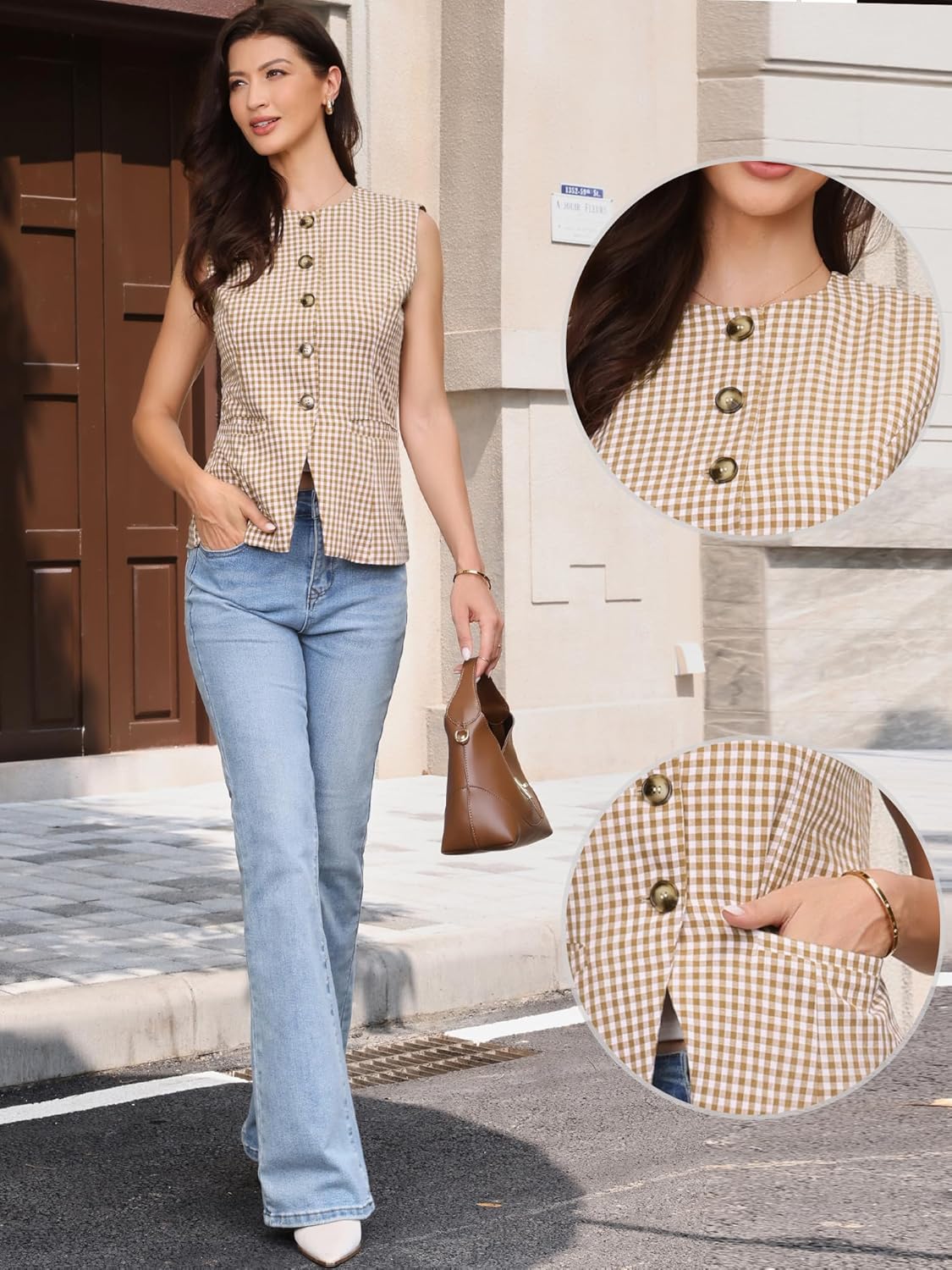 Allegra K Plaid Vest Top for Women's Gingham Button Down Sleeveless Office Crew Neck Dressy Waistcoat - Image 2